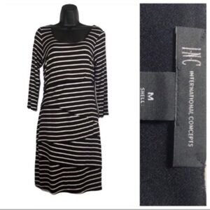 NWT I.N.C. Women’s 3/4 Sleeve lined Black & White Striped Layered Dress Sz M NEW